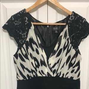 Nicole Miller Black and White Sheath Mini Dress with Lace Cap Sleeves